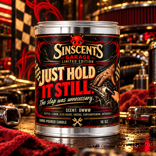 Just Hold It Still Sinscents Garage 16 oz wood wick candle for car guys