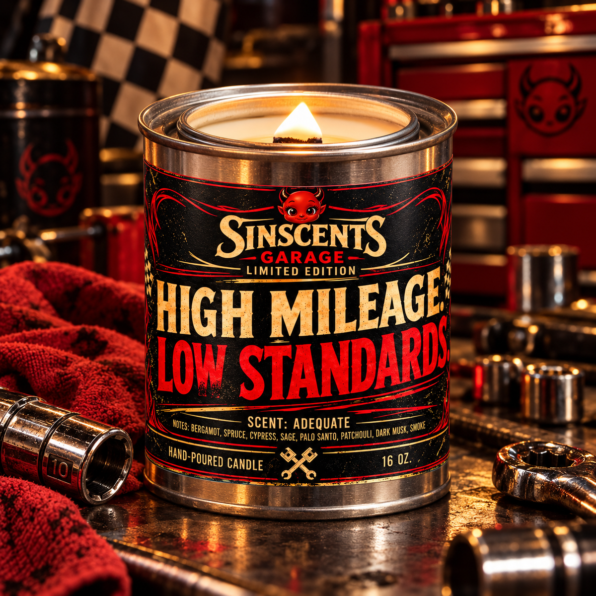 High Mileage Low Standards wood wick candle burning in a garage
