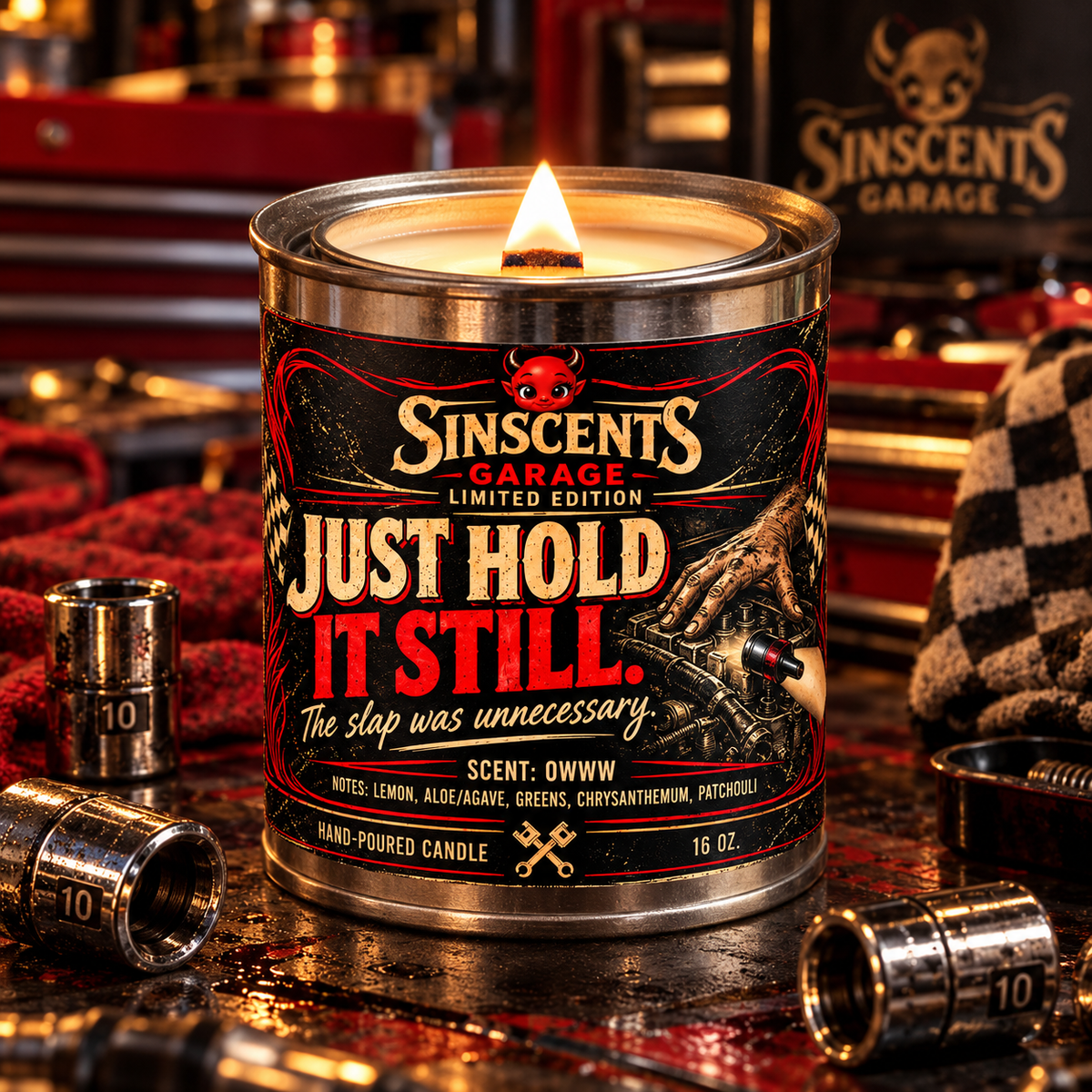 Just Hold It Still wood wick candle burning in a garage