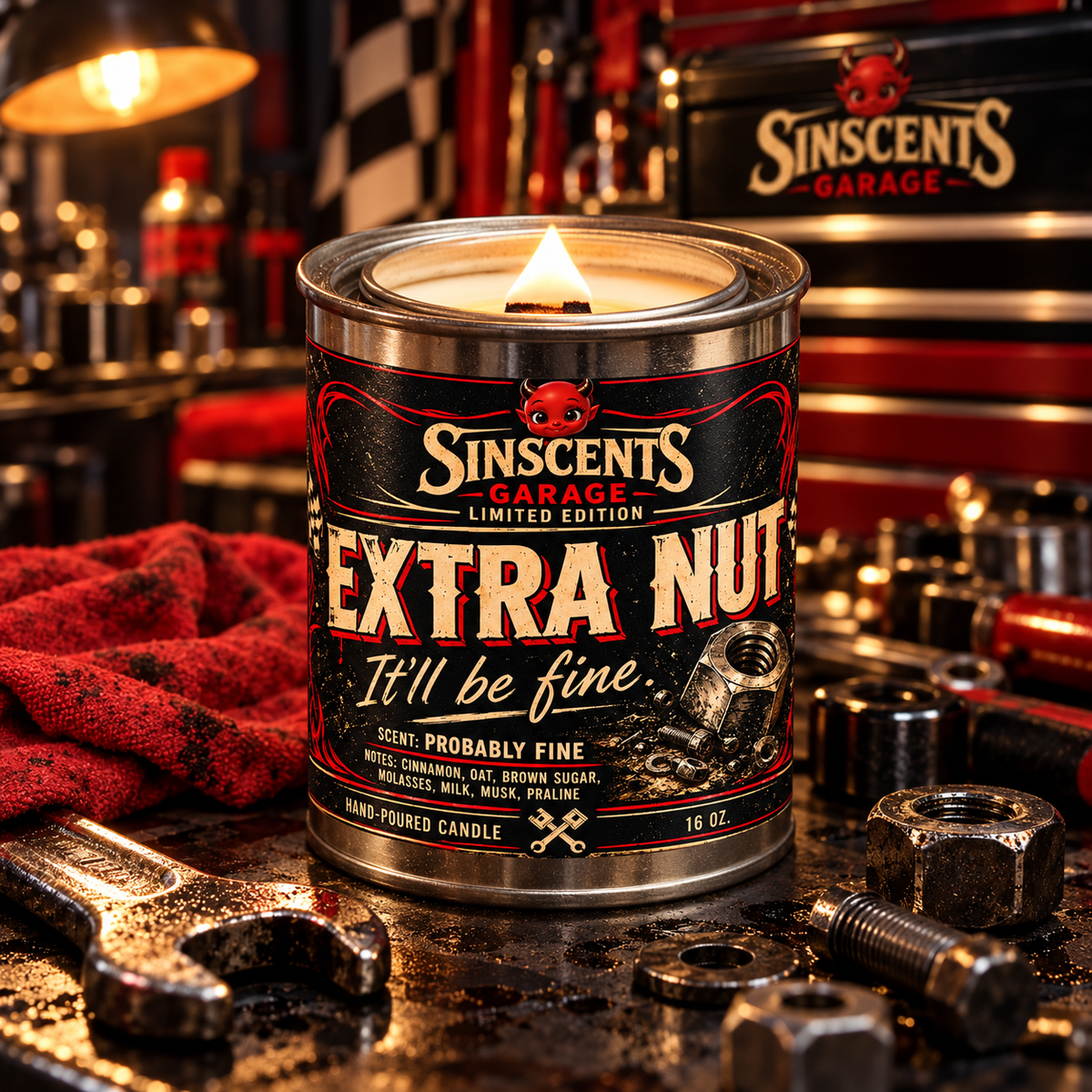 Extra Nut wood wick candle burning in a garage