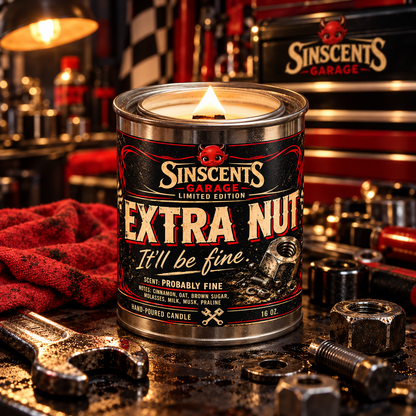 Extra Nut wood wick candle burning in a garage