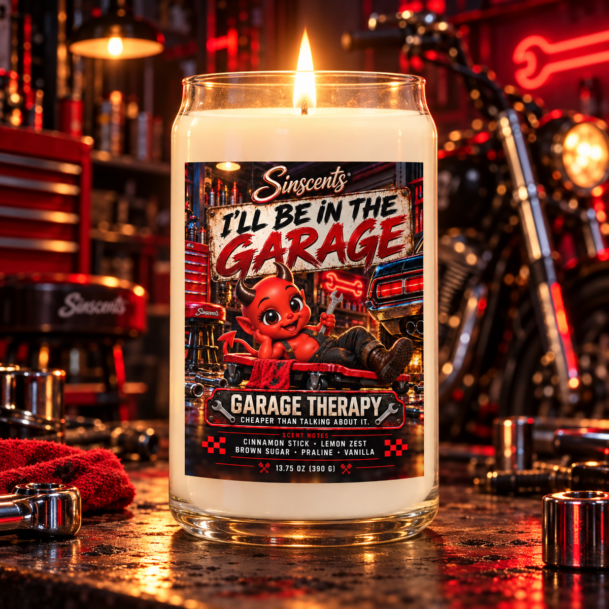 A funny garage candle for car guys, mechanics and gearheads. Warm cinnamon, brown sugar, praline and vanilla. Garage therapy, minus the burnt oil.