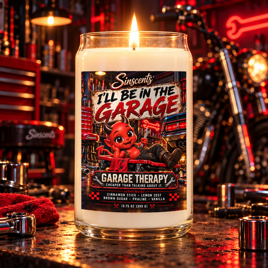 A funny garage candle for car guys, mechanics and gearheads. Warm cinnamon, brown sugar, praline and vanilla. Garage therapy, minus the burnt oil.
