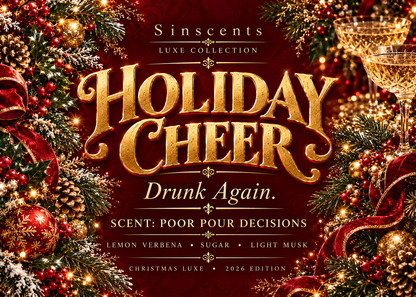 Holiday Cheer candle label with gold lettering, champagne glasses and Christmas greenery on red.