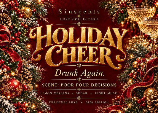 Holiday Cheer candle label with gold lettering, champagne glasses and Christmas greenery on red.