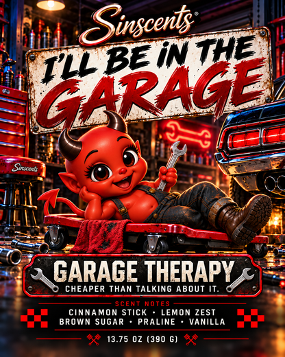 A funny garage candle for car guys, mechanics and gearheads. Warm cinnamon, brown sugar, praline and vanilla. Garage therapy, minus the burnt oil.