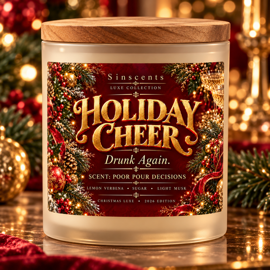 Sinscents Holiday Cheer candle with a wooden lid and red-and-gold label among Christmas decorations.