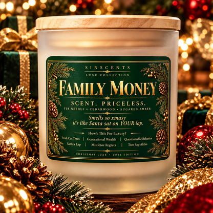 Sinscents Family Money candle with a wooden lid and green-and-gold label among Christmas ornaments.