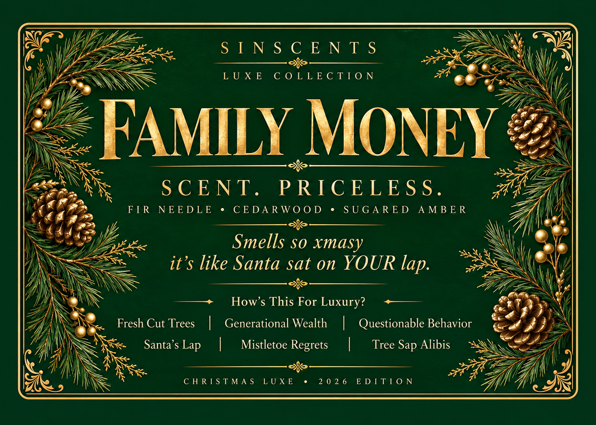 Family Money candle label with gold lettering, evergreen branches and pinecones on forest green.