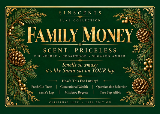Family Money candle label with gold lettering, evergreen branches and pinecones on forest green.