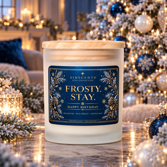 Sinscents Frosty. Stay. candle on a marble table with blue and silver Christmas decorations.