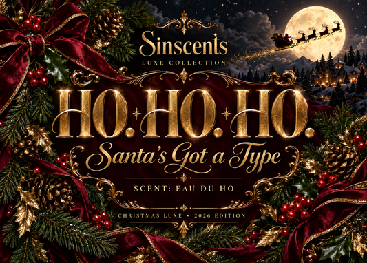 HO. HO. HO. candle label with gold lettering, red ribbon and Santa's sleigh crossing a full moon.