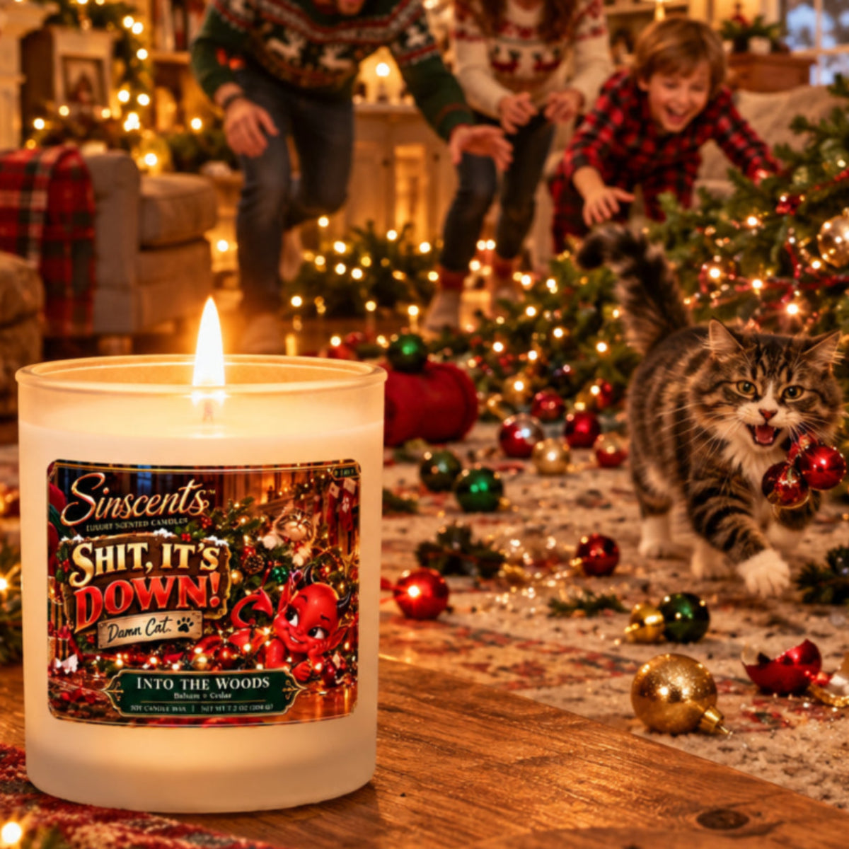 A Sinscent's 'Into the Woods' scented candle in a frosted glass jar with a light wood lid, featuring a colorful Christmas-themed label.