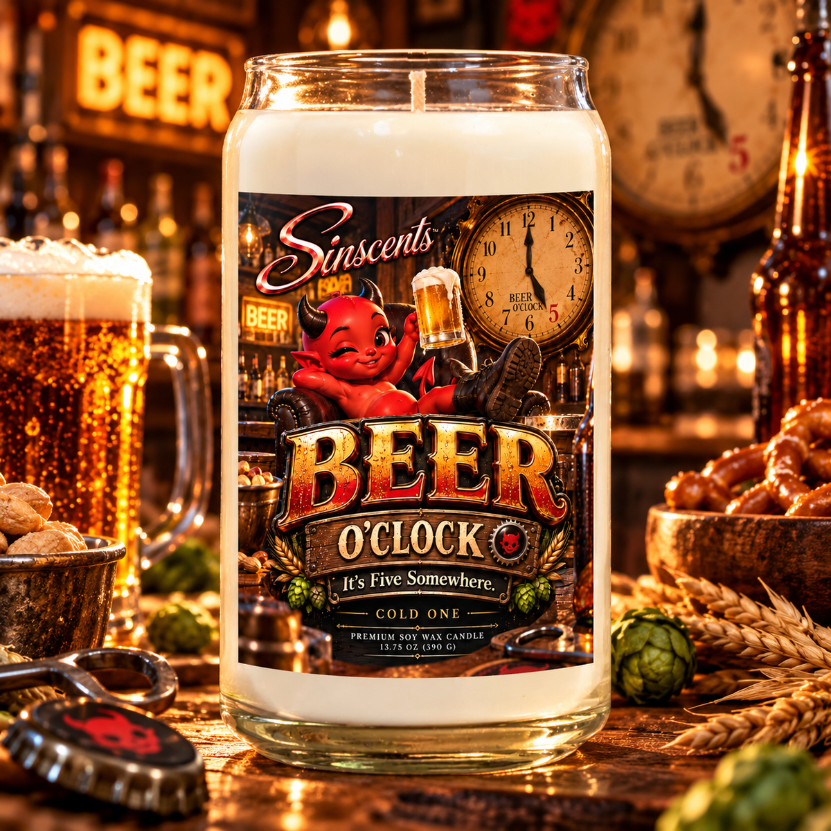 Sinscents Beer O’Clock candle with Jynx raising a beer on the label, displayed in a bar