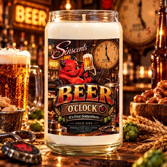 Sinscents Beer O’Clock candle with Jynx raising a beer on the label, displayed in a bar