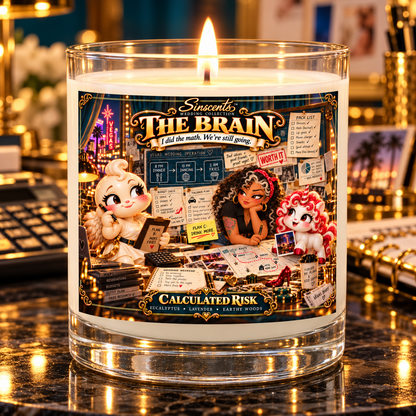 The Brain Calculated Risk lit 11oz clear glass candle in a scene extending its wedding-party joke