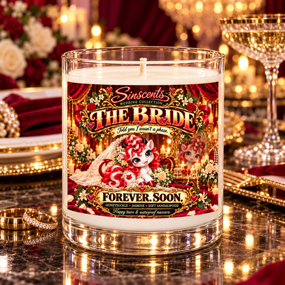 The Bride candle with Forever. Soon. label at an elegant wedding reception