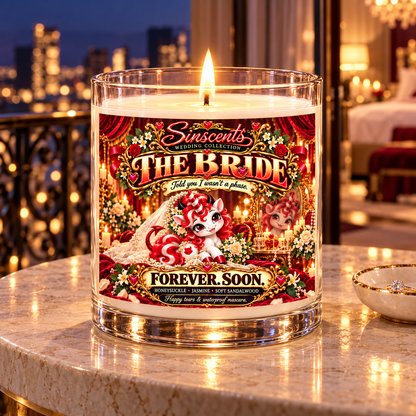 Lit The Bride candle with Forever. Soon. label on a hotel balcony