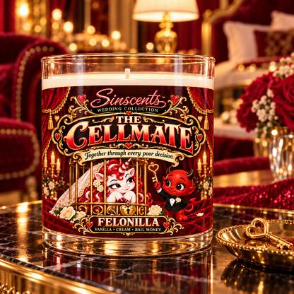 The Cellmate Felonilla candle beside a golden heart key in a hotel suite