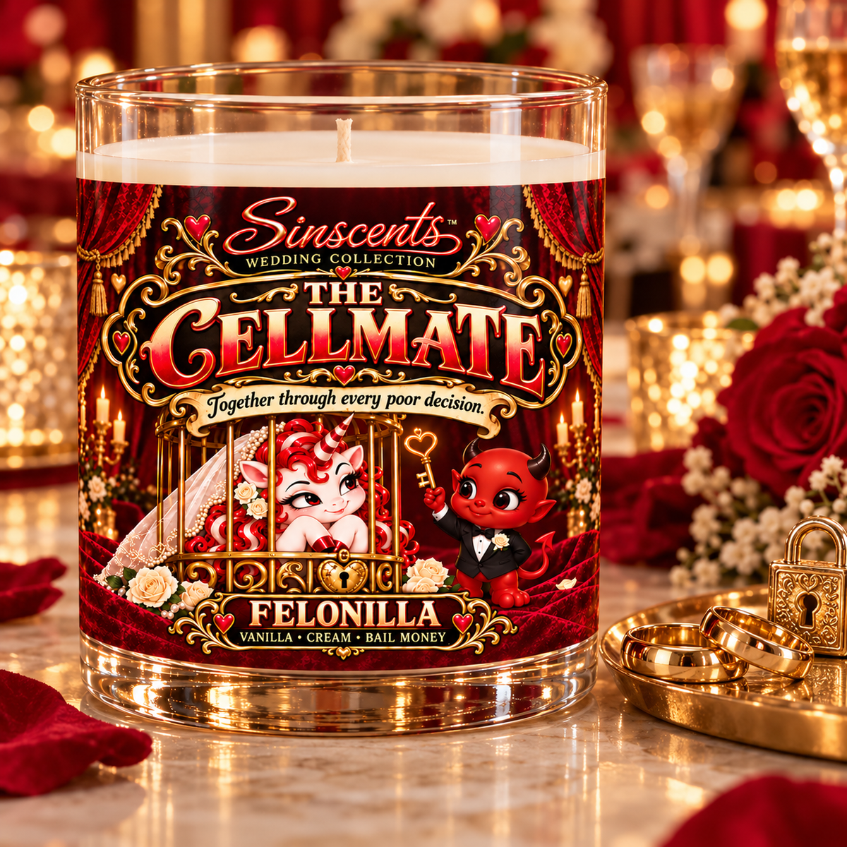 The Cellmate Felonilla candle beside wedding bands and a gold padlock