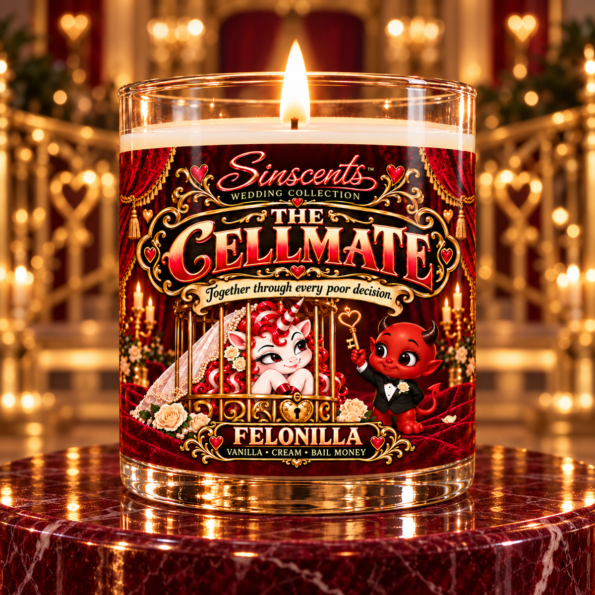 Lit The Cellmate Felonilla candle on burgundy marble with golden railings
