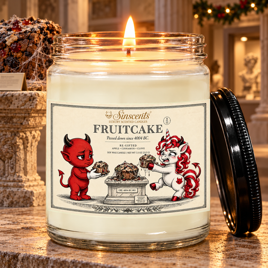Sinscents Fruitcake Christmas candle with readable Re-Gifted label