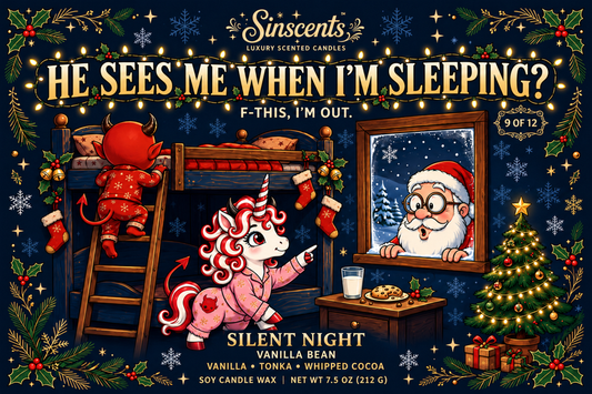 Silent Night vanilla bean Christmas candle label artwork with Jynx, Blanca, and Santa