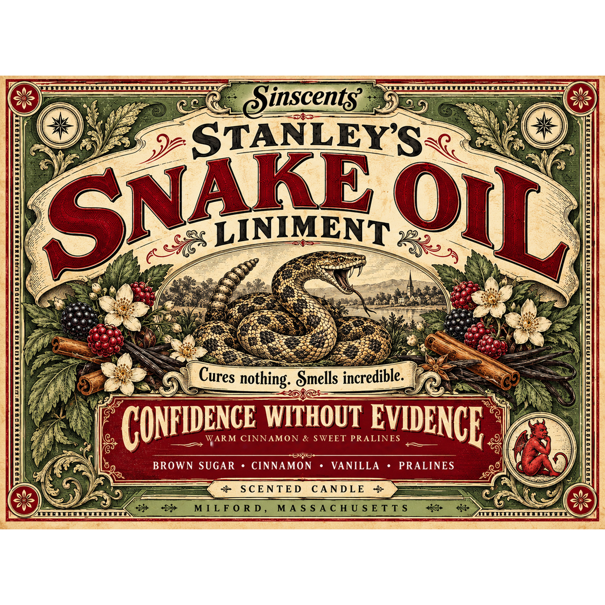Confidence Without Evidence label artwork for Clark Stanley snake oil candle Version 1 by Sinscents