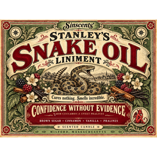 Confidence Without Evidence label artwork for Clark Stanley snake oil candle Version 1 by Sinscents