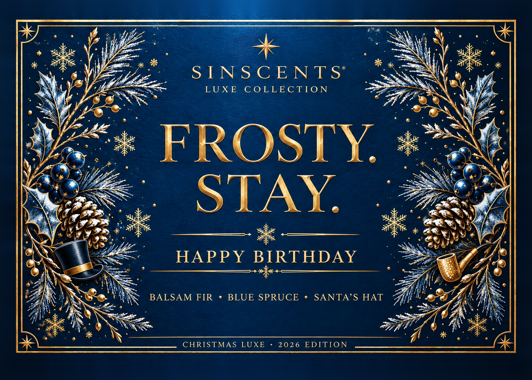 Frosty. Stay. candle label with gold lettering, snowy branches and pinecones on navy blue.