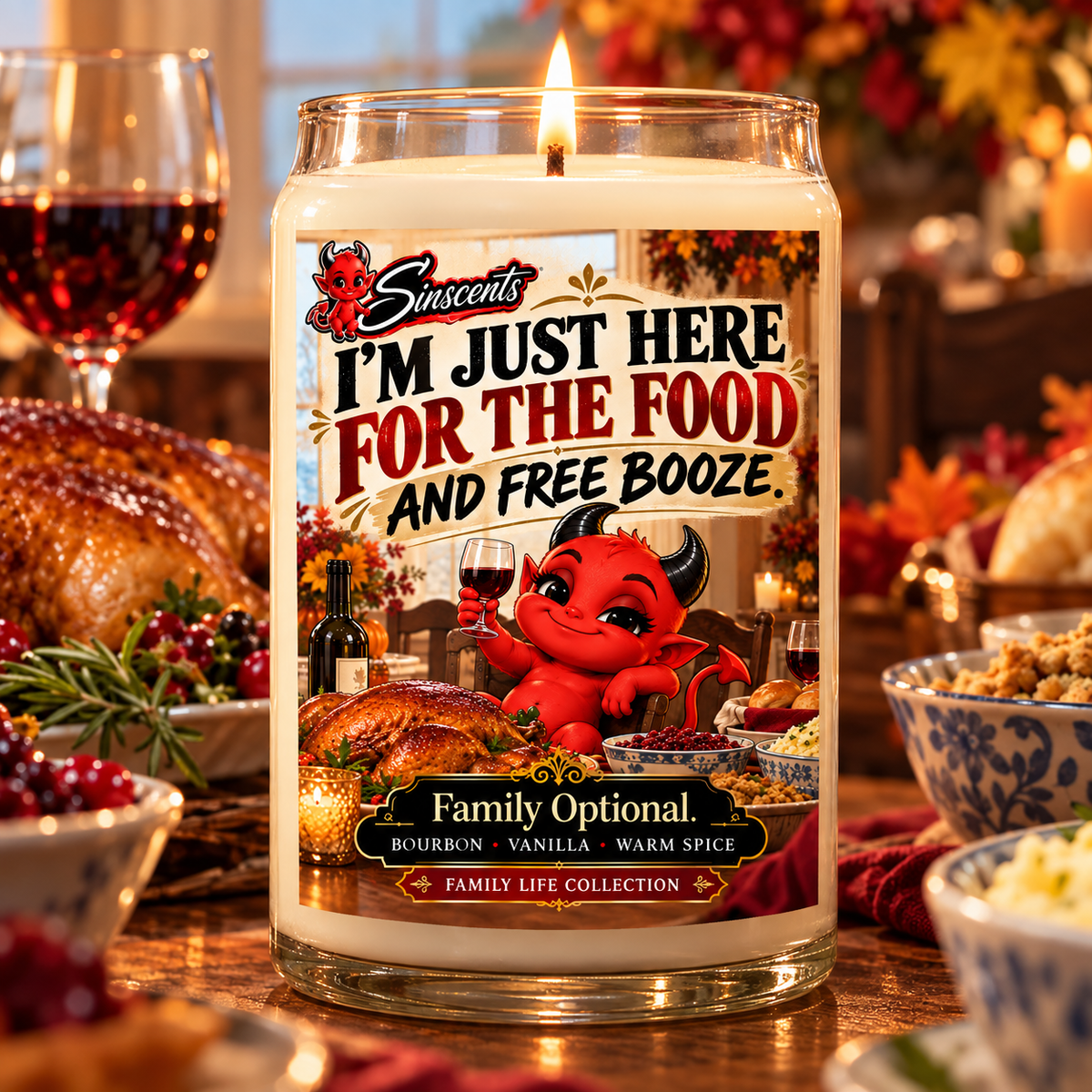 I’m Just Here for the Food and Free Booze Sinscents candle at a Thanksgiving family dinner
