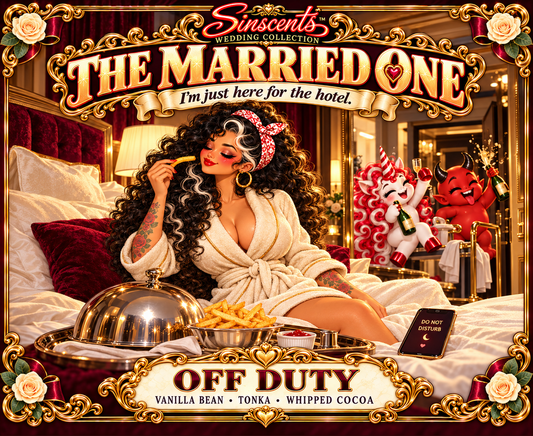 The Married One Off Duty candle label with Lily enjoying room service