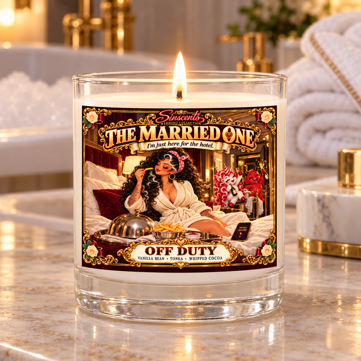 The Married One Off Duty candle on a marble spa vanity