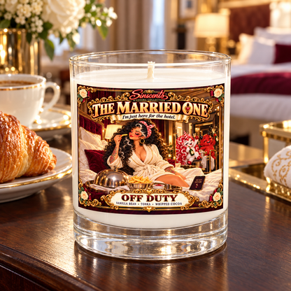 The Married One Off Duty candle in a luxury hotel breakfast setting