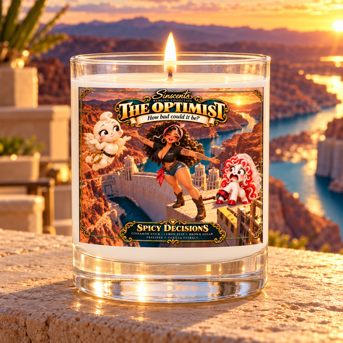 The Optimist Spicy Decisions lit 11oz clear glass candle in a scene extending its wedding-party joke