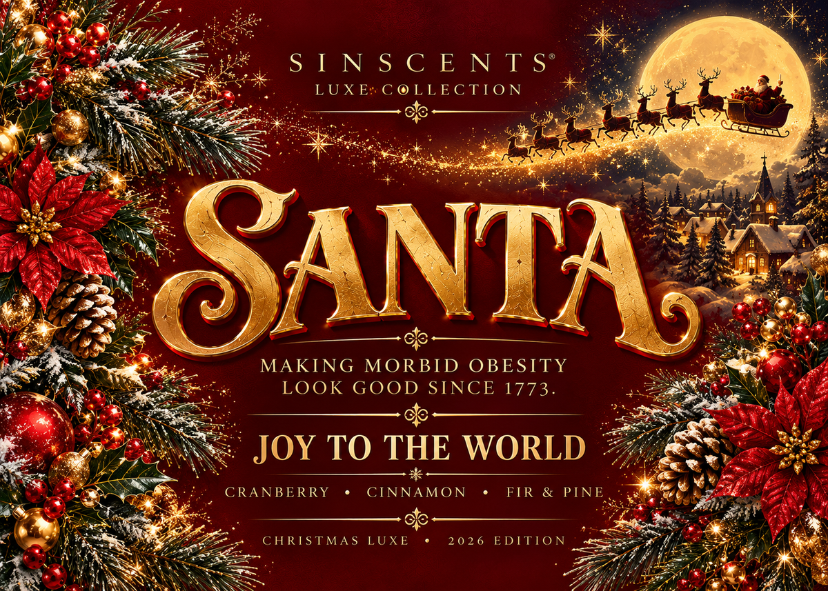 SinScents Santa Christmas Luxe holiday label artwork with ornate burgundy and gold details