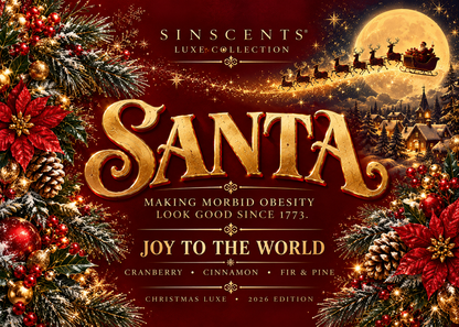 SinScents Santa Christmas Luxe holiday label artwork with ornate burgundy and gold details