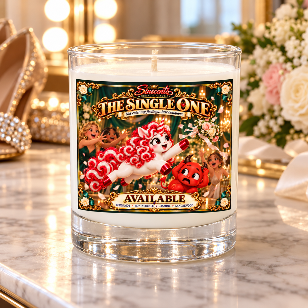 The Single One Available candle on a bridal dressing-room vanity