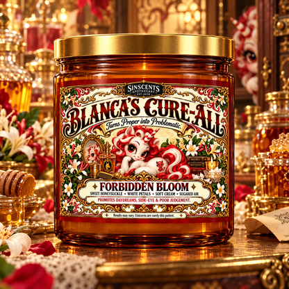 Square hero: Blanca's Cure-All candle fills the frame in a playful forbidden-floral apothecary scene.