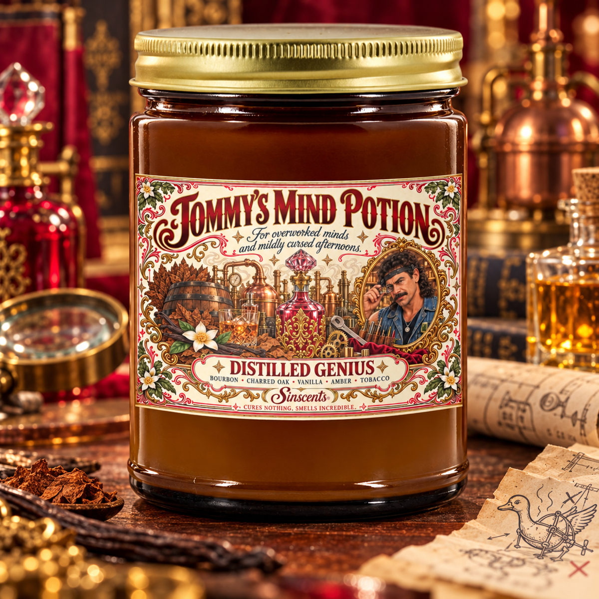Square hero: Tommy's Mind Potion candle in a Victorian inventor's workshop.