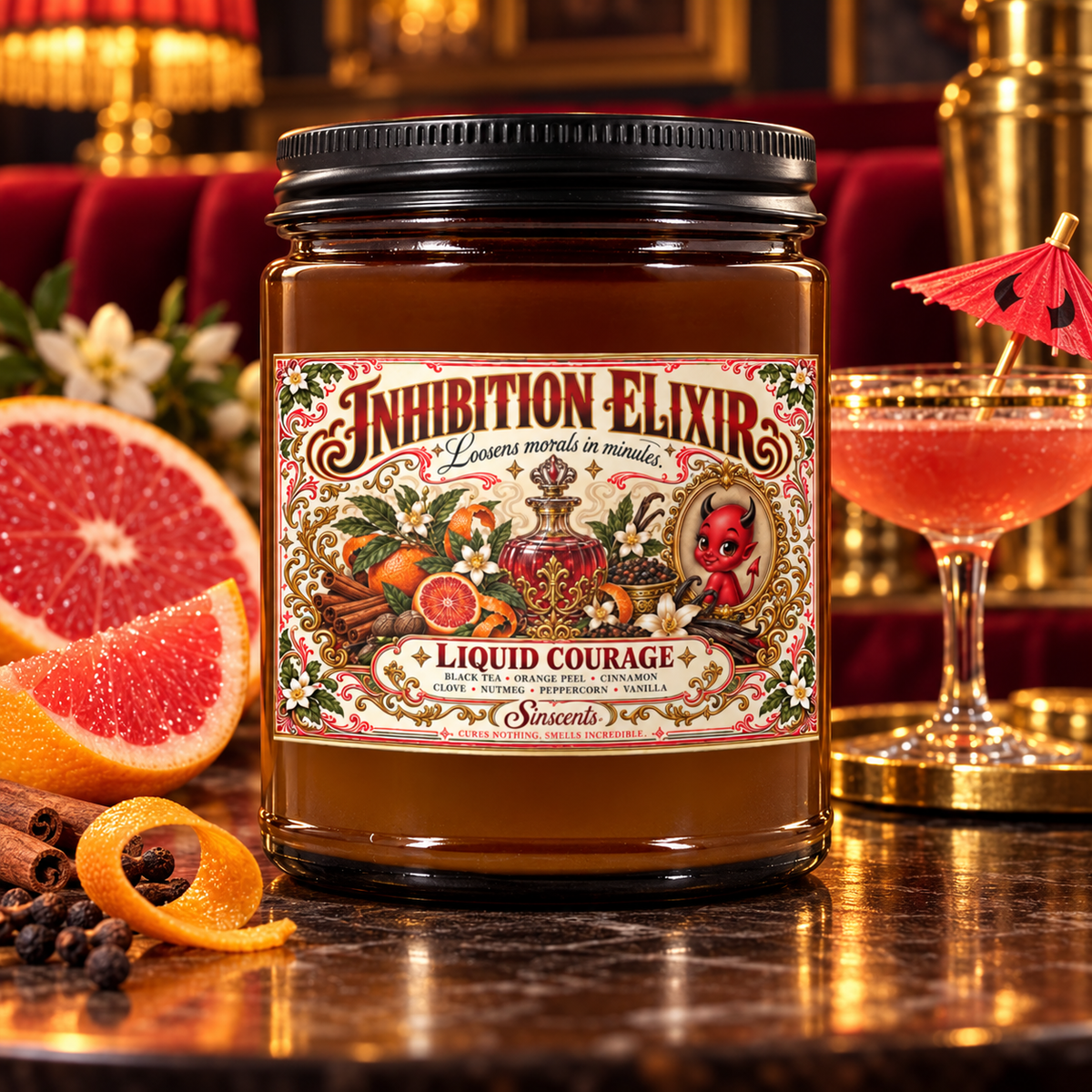 Square hero: Inhibition Elixir candle in a cheeky speakeasy scene.