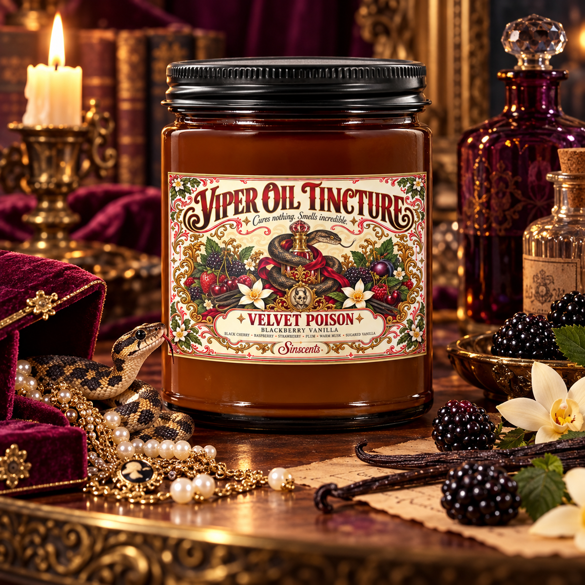 Square hero: Viper Oil Tincture candle with its Velvet Poison scent label in a mischievous apothecary scene.