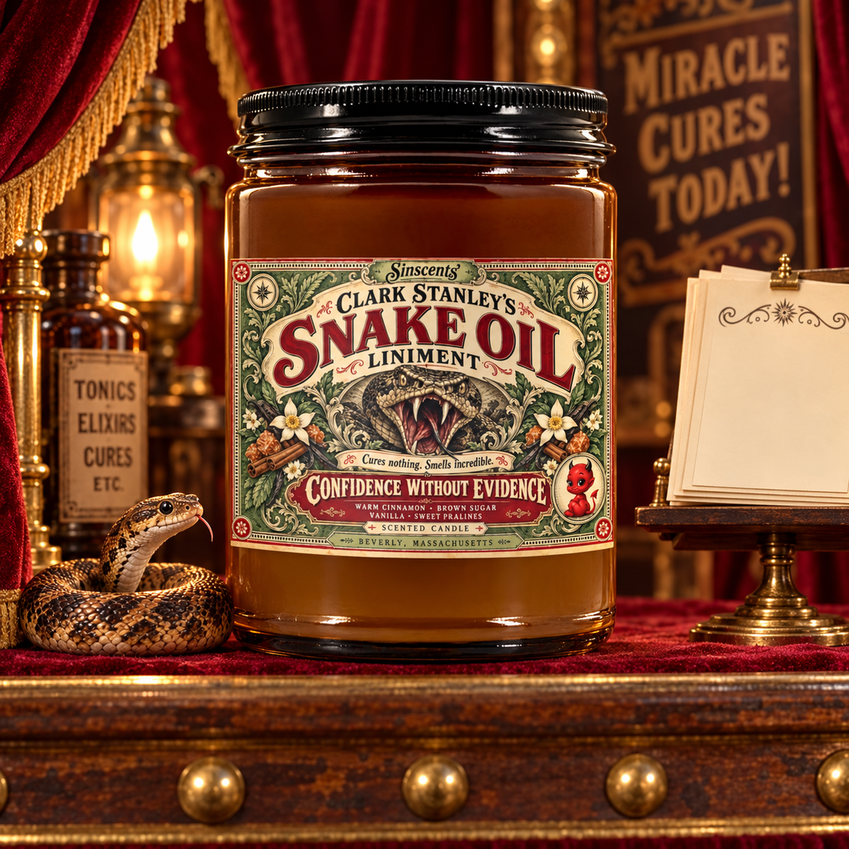 Sinscents Clark Stanley snake oil candle, Version 1 Confidence Without Evidence, 9 oz amber apothecary jar in a Victorian medicine show scene