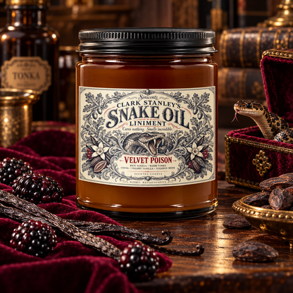 Sinscents Clark Stanley snake oil candle, Version 2 Velvet Poison, vanilla apothecary candle in a 9 oz amber jar