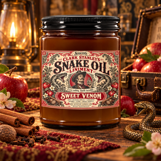 Sinscents Clark Stanley snake oil candle, Version 3 Sweet Venom, apple cinnamon candle in a 9 oz amber apothecary jar