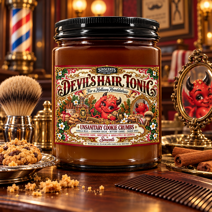 Square hero: Devil's Hair Tonic candle in a mischievous vintage barbershop.