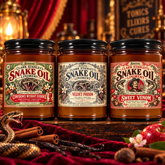 Clark Stanley Snake Oil Show 3-candle gift set by Sinscents featuring Confidence Without Evidence, Velvet Poison and Sweet Venom in amber jars