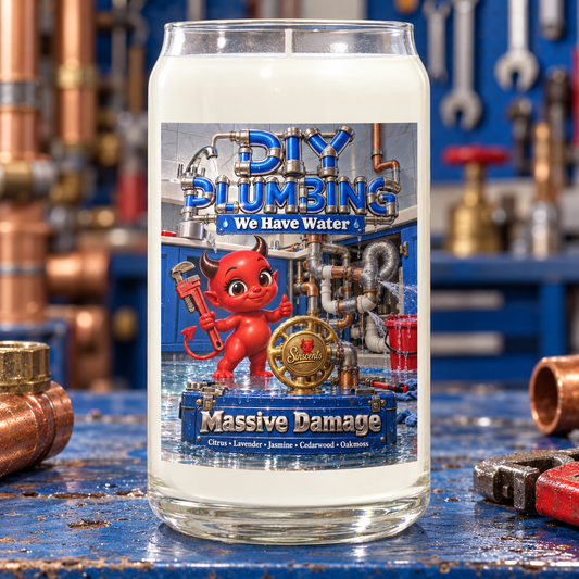DIY Plumbing candle by Sinscents with Jynx, We Have Water artwork and Massive Damage scent, on a blue plumbing workbench