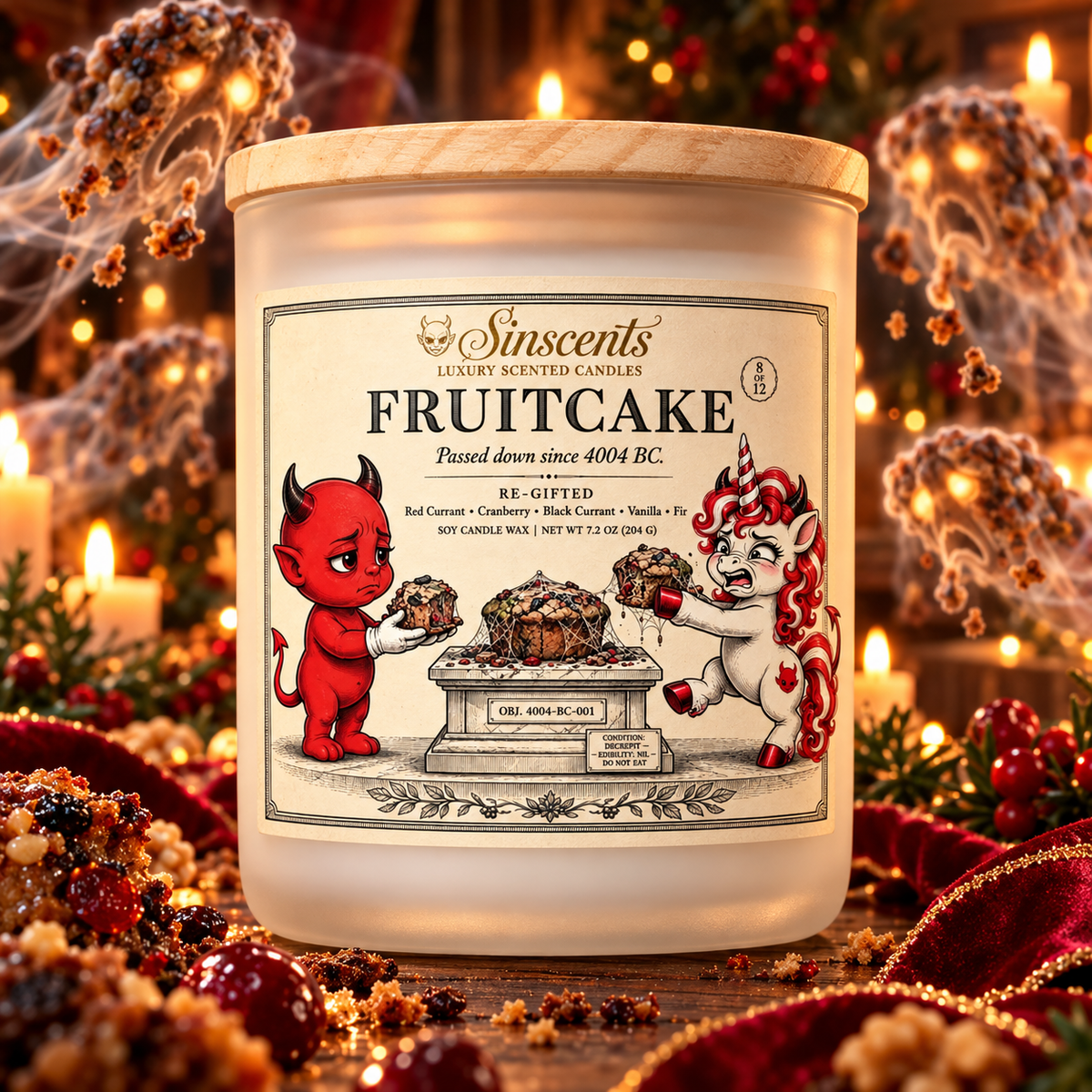 Sinscents Fruitcake Christmas candle with readable Re-Gifted label in a cursed holiday dessert scene