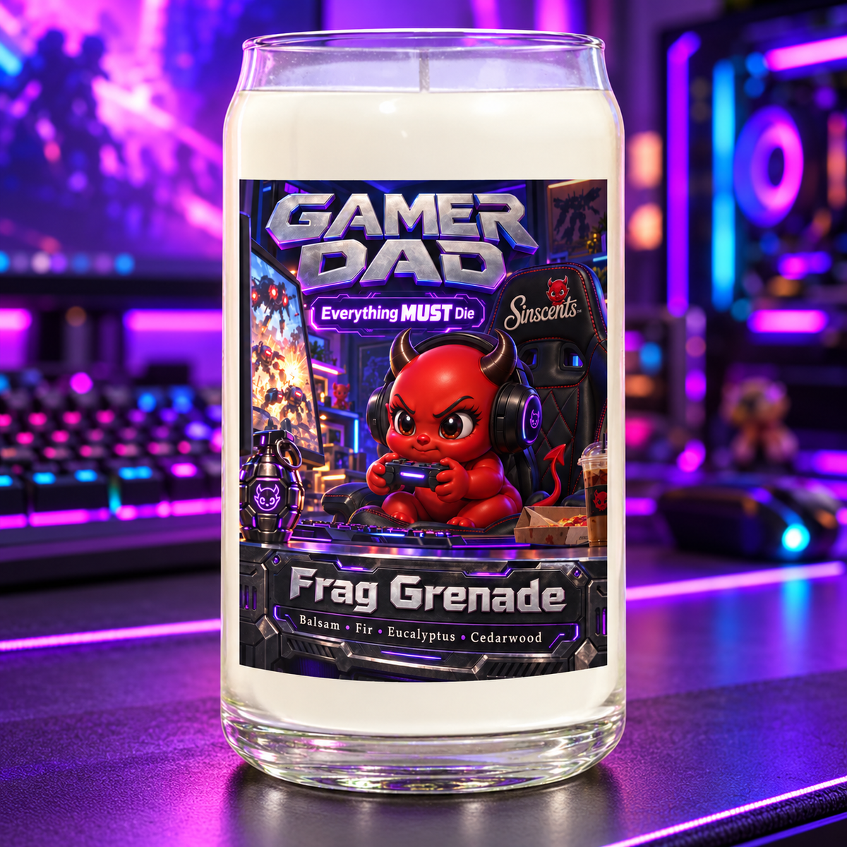 Gamer Dad candle by Sinscents with original illustrated label in a matching setting